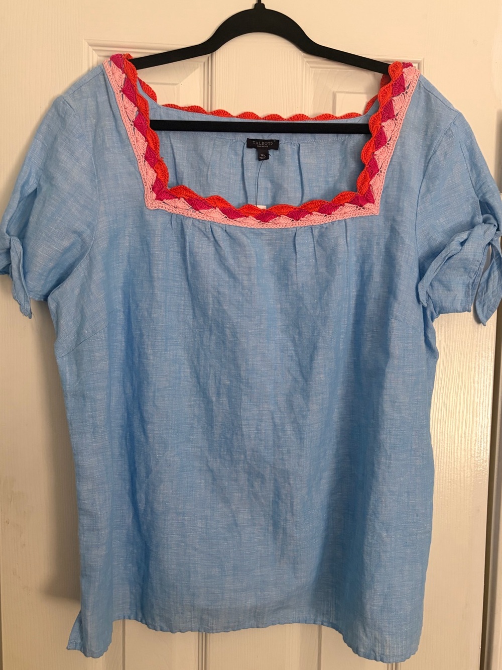 Talbots Sky Blue Linen Square-Neck Top with Pink & Red Trim